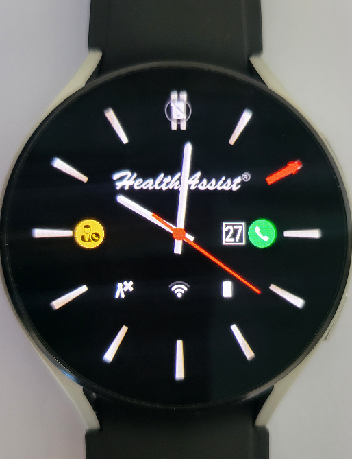 A close up of the watch face with different icons.